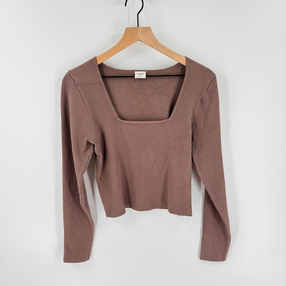 Abercrombie & Fitch Ribbed Square Neck Top Brown Large Slim Fit Long Sleeve